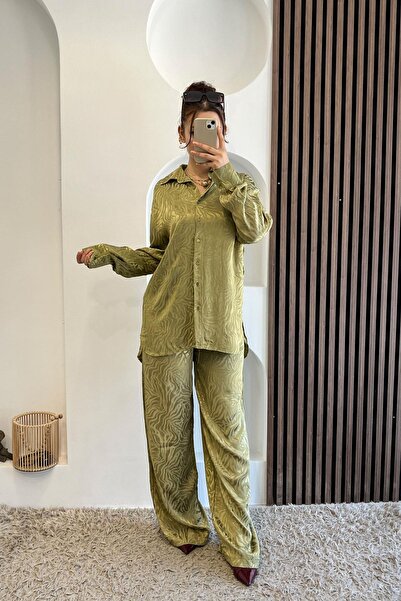 Mzr Collection بنطلون جاكار واسع الساق - كاكي