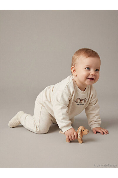 LC Waikiki Bej Bisiklet Yaka Erkek Bebek Kalın Sweatshirt ve Eşofman Altı