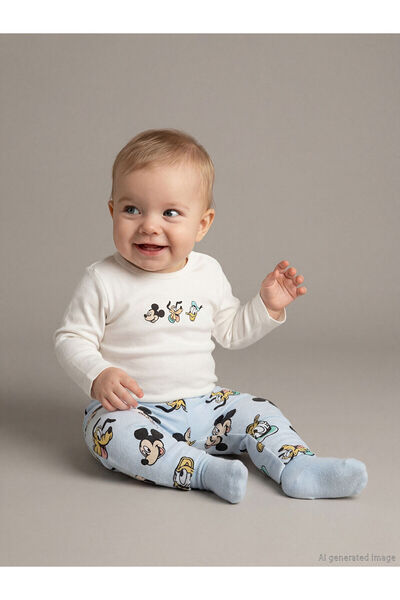 LC Waikiki Ecru Mickey and Friends Printed Snap Fastener Bodysuit and Sweatpants