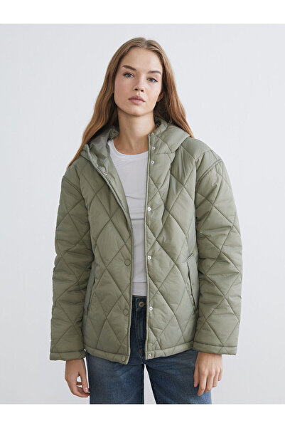 LC Waikiki Khaki Hooded Quilted Oversized Women's Coat