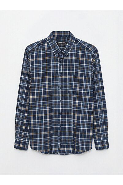 LC Waikiki Navy Blue Regular Fit Plaid Patterned Gabardine Men's Shirt