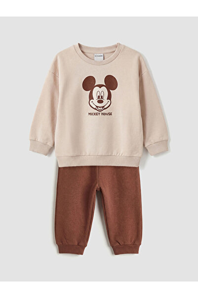 LC Waikiki Beige Mickey Mouse Printed Baby Boy Sweatshirt and Sweatpants