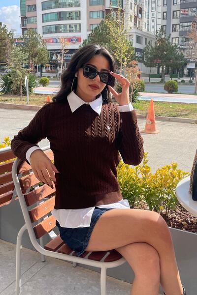 Mzr Collection سترة تريكو بتفاصيل سلسلة من ماركة أصلية - بني