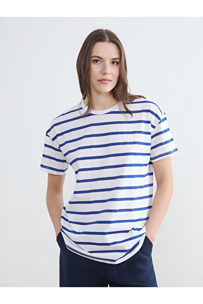 LC Waikiki Blue Crew Neck Striped Women's T-Shirt