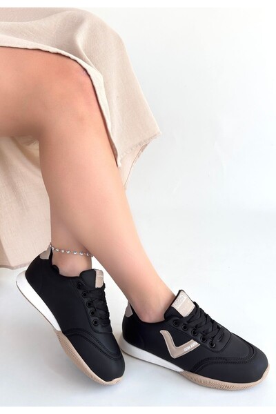 FRESCO SCARFS Jowen Black Leather Beige Detailed Lace-Up Sneakers