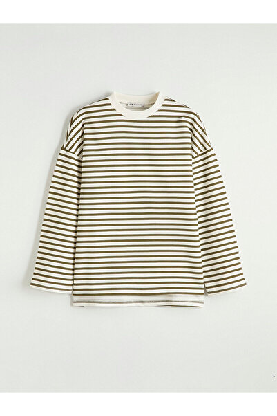 LC Waikiki Khaki Women's Oversized Fit Striped Sweatshirt Tunic