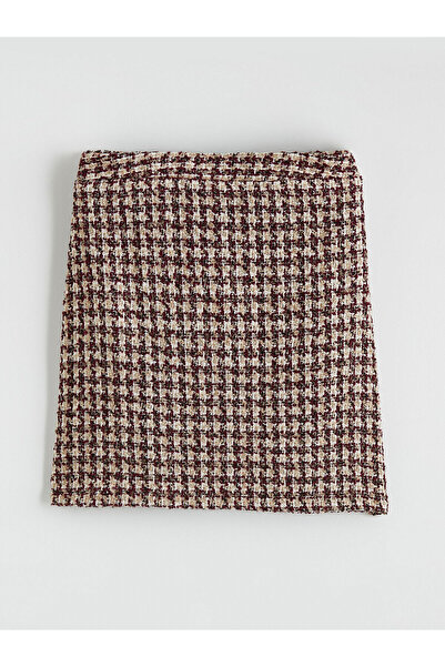 LC Waikiki Red Zippered Houndstooth Patterned Mini Skirt