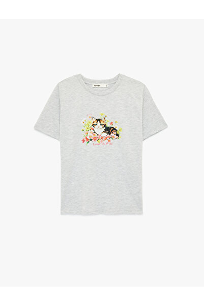 Koton Short Sleeve Crew Neck Cat Printed T-Shirt