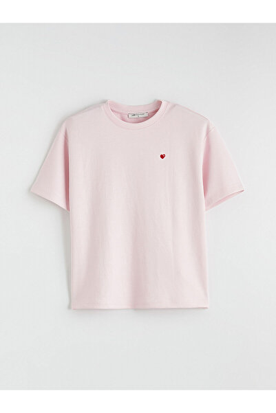 LC Waikiki Pink heart embroidered soft touch women's t-shirt