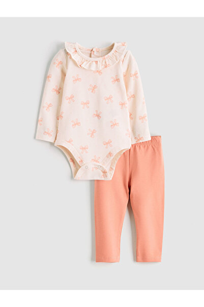 LC Waikiki Beige Peter Pan collar Baby Girl Snap Fastener Bodysuit and Leggings