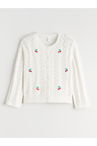 LC Waikiki Ecru Cherry Embroidered Girls' Knitwear Cardigan