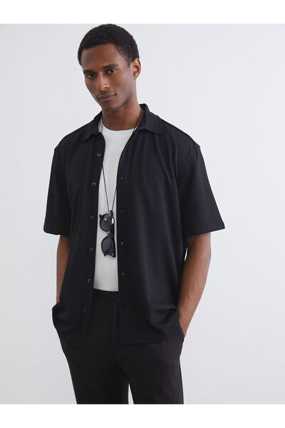 LC Waikiki Μαύρο ανδρικό πουκάμισο κανονικής εφαρμογής