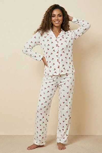 enmodaiçgiyim Women's White Cherry Patterned Button Front Shirt Collar Soft S...