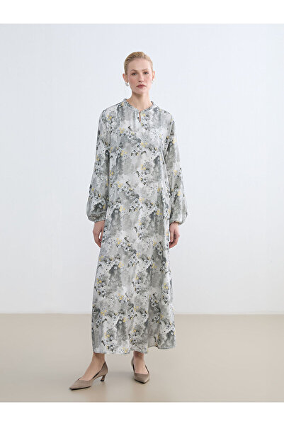 LC Waikiki Gray Hakim Collar Ruffled Floral Dress