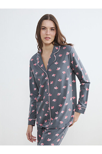 LC Waikiki Gray Shirt Collar Heart Printed Women's Pajama Set