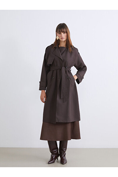 LC Waikiki Brown Double-Breasted Collar Women's Trench Coat