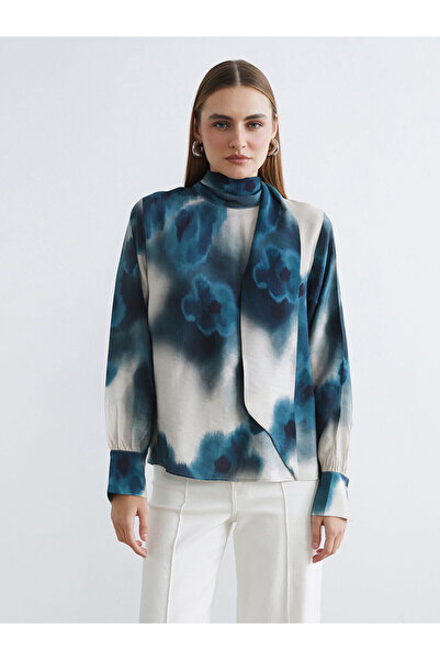 LC Waikiki Khaki Shawl Collar Batik Patterned Blouse