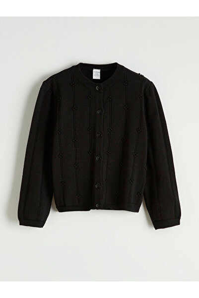 LC Waikiki Black Crew Neck Lace-Like Knit Girls' Knitwear Cardigan