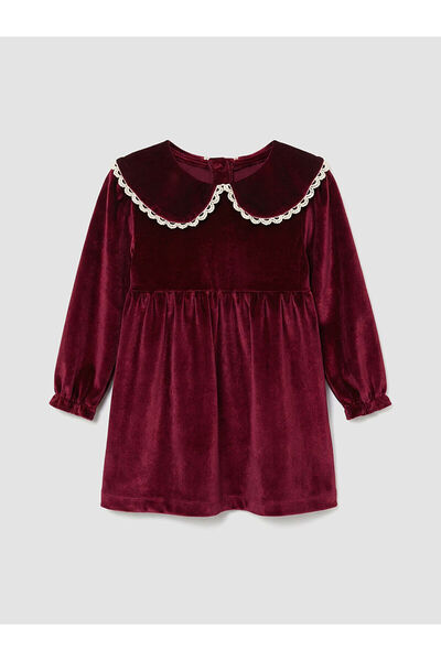 LC Waikiki فستان مخملي للفتيات الصغيرات باللون العنابي ياقة دائرية