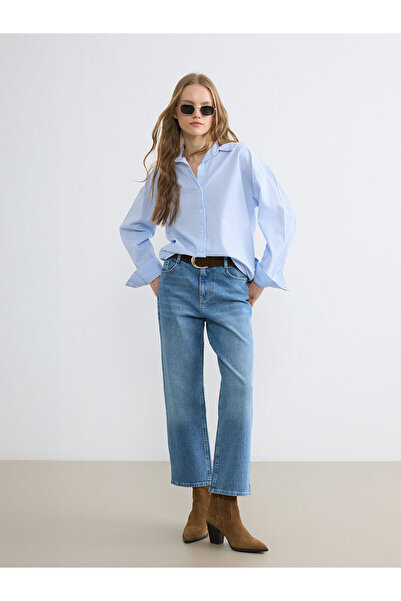 LC Waikiki Blue Wideleg Women's Jean Pants with Belt