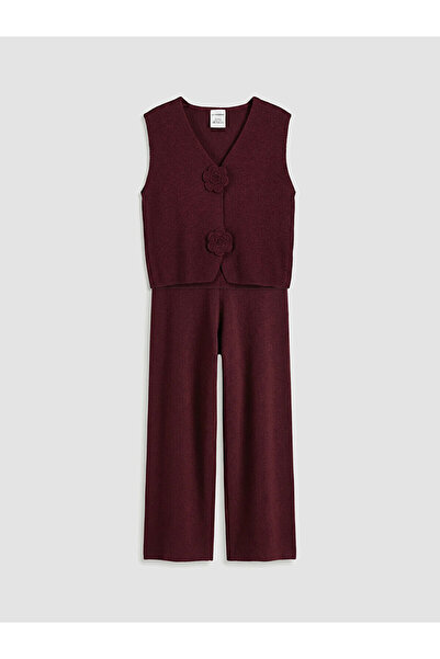 LC Waikiki Burgundy Floral Buttoned Girl's Knitwear Vest Set Set