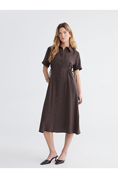 LC Waikiki Brown waist-tied ruched shirt dress