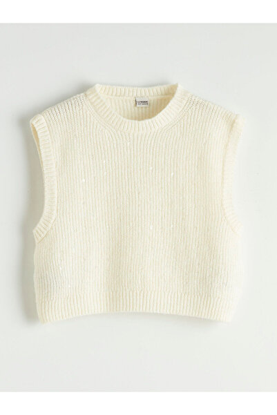 LC Waikiki Ecru Sequin Embroidered Knitwear Girls' Sweater