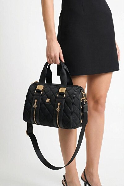 Mini Angel Black Parachute Patterned Bag Black Gold Detailed Shoulder Bag Sty...