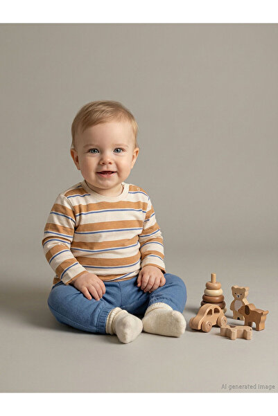 LC Waikiki Beige Crew Neck Long Sleeve Striped Baby Boy T-Shirt and Sweatpant...