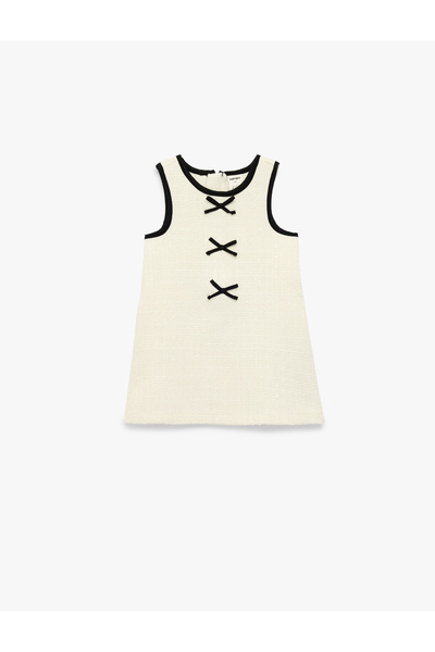 Koton Sleeveless Crew Neck Tweed Gilet Dress with Bow Detail