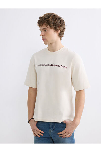 LC Waikiki Ecru Crew Neck Printed Combed Cotton Men's T-Shirt