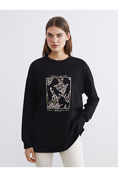 LC Waikiki Black Printed Soft Touch Oversized Women's Sweatshirt Tunic