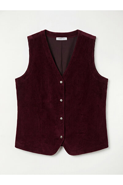 LC Waikiki Burgundy V-Neck Corded Fabric Velvet Women's Vest