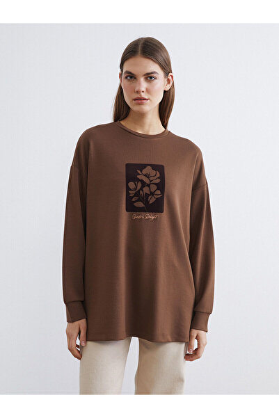 LC Waikiki Brown Printed Soft Touch Oversized Women's Sweatshirt Tunic