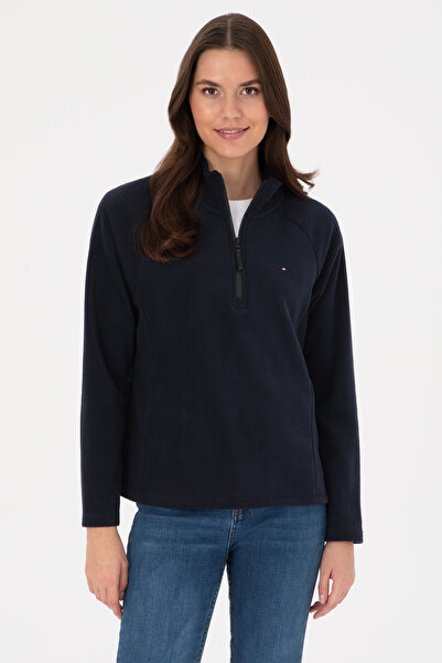 U.S. Polo Assn. سويت شيرت نسائي من الصوف ياقة مرتفعة متوسطة الطول باللون الأز...