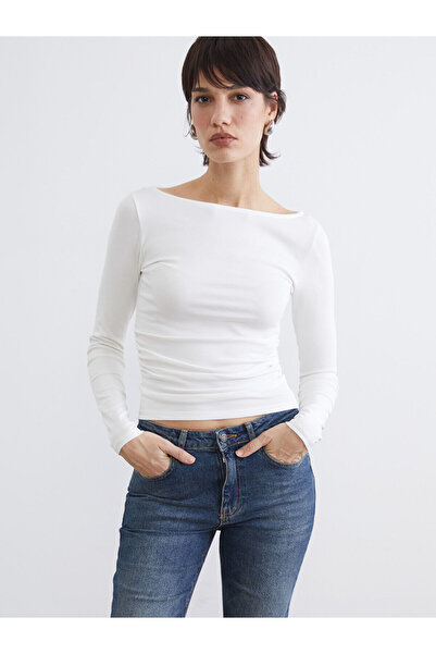 LC Waikiki Ecru Boat Neck Gathered Bodysuit