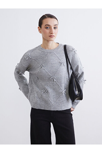 LC Waikiki Gray Crew Neck Bowknot Women's Knitwear Sweater