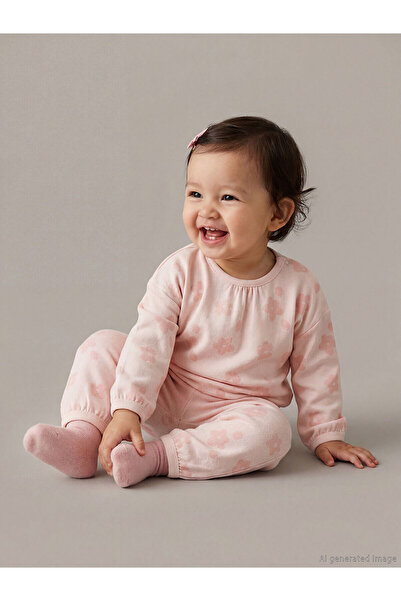 LC Waikiki Pink Crew Neck Floral Baby Girl Pajama Set