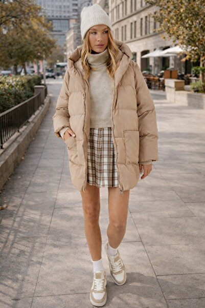 İpli Women - Oversized , Beige Color, Water, Windproof Sports Model Coat