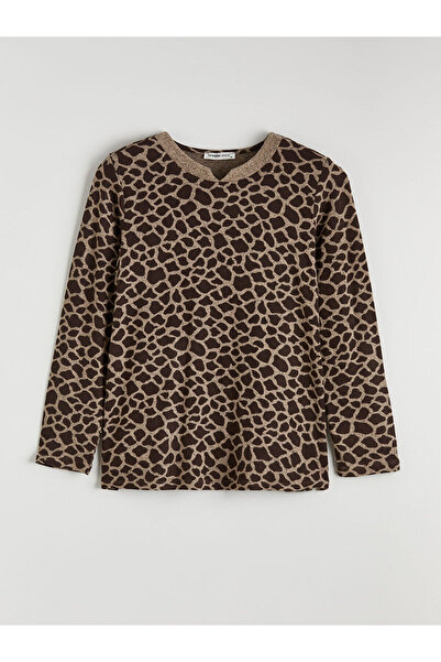 LC Waikiki Beige Leopard Print Women's T-Shirt with Cowl Neck