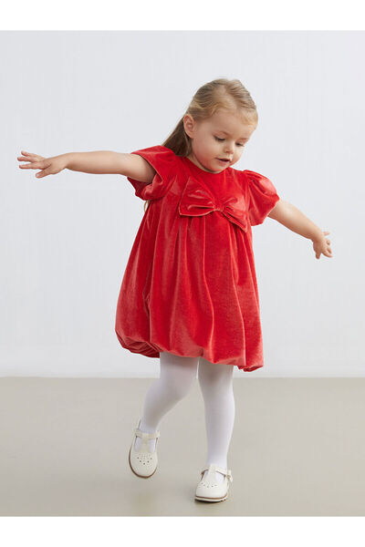 LC Waikiki Red Velvet Baby Girl Dress with Bow Detail