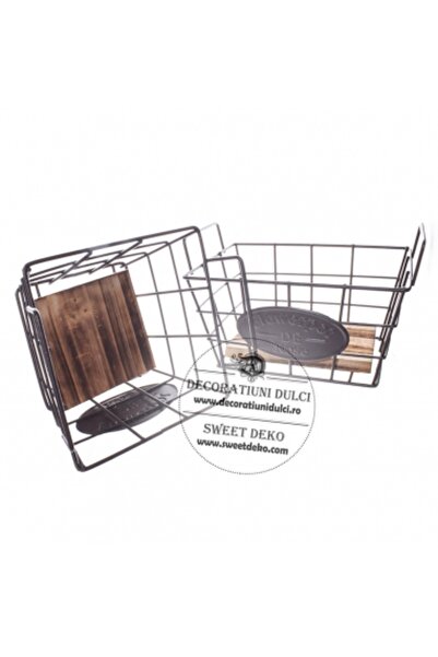 Decoratiuni Dulci Square metal basket with wooden base