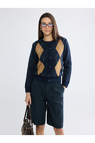 LC Waikiki Lacivert Bisiklet Yaka Baklava Desenli Kadın Triko Hırka