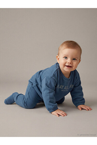 LC Waikiki Petrol Printed Baby Boy Sweatshirt and Pants 2-Piece Set