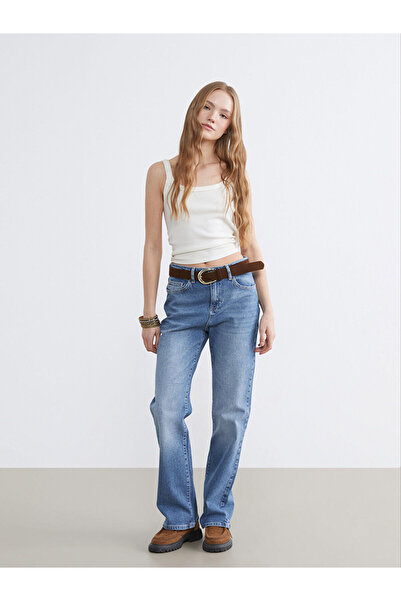 LC Waikiki Blue Wideleg Women's Jean Pants with Belt