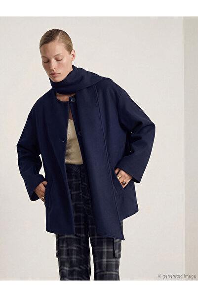 LC Waikiki Navy Blue Scarf Collar Oversized Women's Cashmere Coat