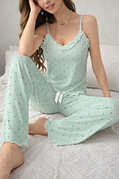 Jermo SET DE PIJAMALE DE DAMĂ CU DETALII IMPRIMATE ȘI VOLANE bumbac moale