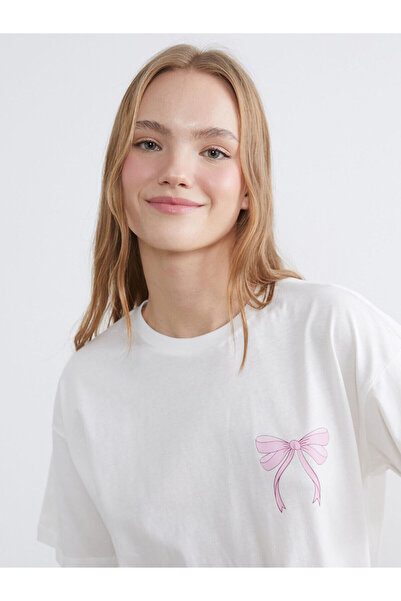 LC Waikiki Ecru bow Printed women's t-shirt