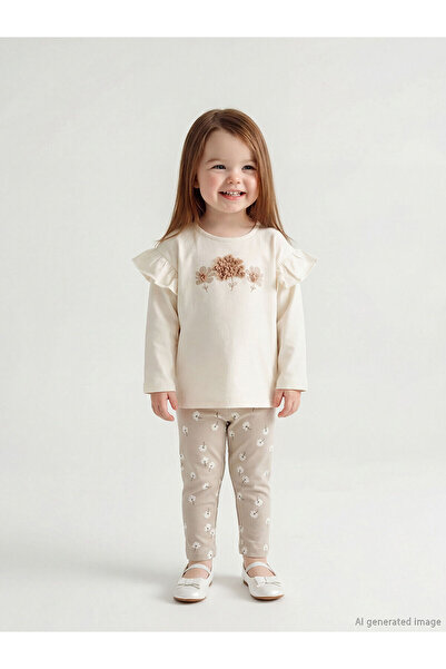 LC Waikiki Ecru floral Printed baby girl t-shirt and sweatpants set