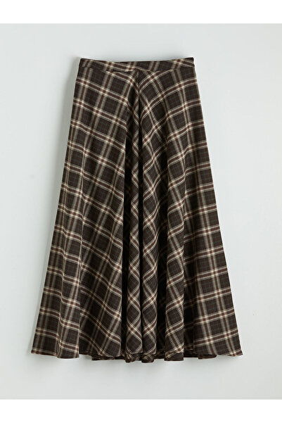 LC Waikiki Brown Belted Zippered Plaid Flared Skirt